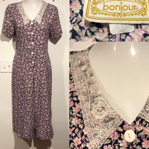 VTG 90s Calico Floral Gauchos Wide Leg Culottes Lace Collar Cottagecore Jumpsuit - Picture 1 of 8